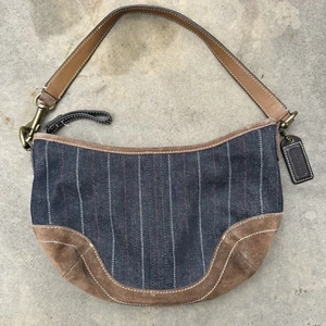 Rare 1990s Vintage Coach Small Suede and Striped Blue Denim Hobo Handbag 4285 - Picture 1 of 7