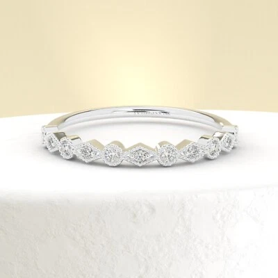 Vintage Style Diamond 18K White Gold Ring, Milgrain Wedding Band, Stacking Ring - Image 1 of 4