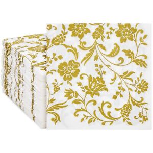 100 Pack White & Gold Disposable Floral Paper Napkins, 6.5x6.5 Inches, Decora...