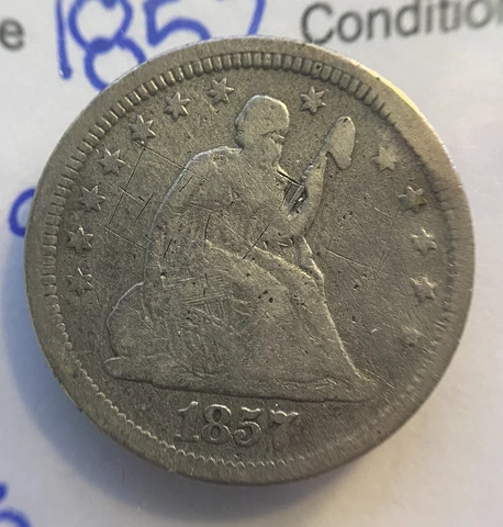 1857 Seated Liberty Silver Quarter, Great Type Set Coin! Nice Coin! X3 Cover