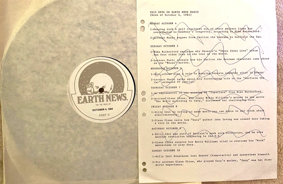 10/4/82 EARTH NEWS RADIO FEATURES MIKE RUTHERFORD, BILLY IDOL & GLENN CLOSE - Image 1 of 1