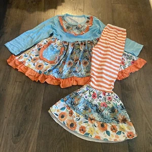 New Boutique Girls Size 6 Sunflowers Long Sleeve Leopard Bell Pants Outfit Set - Picture 1 of 13