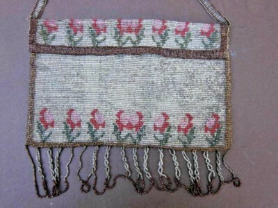 Antique Victorian/Edwardian Floral Micro Beaded Steel Floral Fringe Purse  - Image 1 of 4