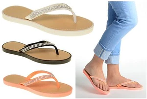LADIES WOMENS FLAT SANDALS FLIP FLOP SUMMER JELLY DIAMANTE BEACH SHOES SIZE - Picture 1 of 3