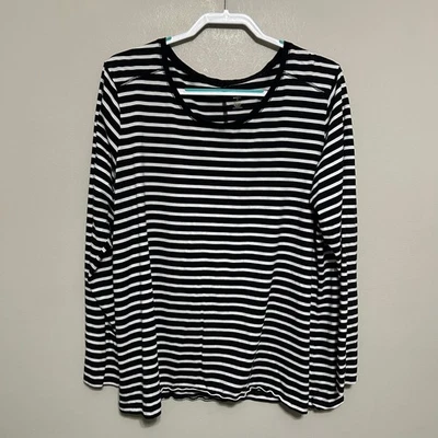 Ana Womens Blouse 3X Black White Striped Long Sleeve Top Flowy Tunic Lightweight - Image 1 of 4
