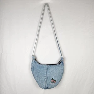Vintage 80s Shane & Co Denim Floral Embroidered Crossbody Zipper Bag Blue Jean - Picture 1 of 7