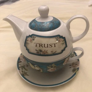 Christian Gifts teapot teacup with saucer Teal blue birds Bible Proverbs 3:5 E10 - Picture 1 of 9