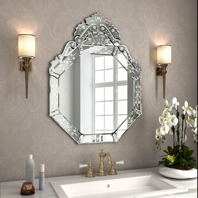 Venetian Mirror with Top Crown Arch Floral Etched 32 X 24 Inch Octagonal Bathroo - Image 1 of 4