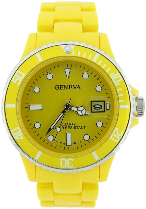 RELOJ GINEBRA RESINA AMARILLA, PLÁSTICO ESFERA REDONDA DAMA ESLABÓN CON FECHA Foto 1 de 1