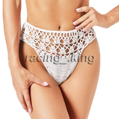 Mid High Waist Women Crochet Lace Thong g String Sexy Bikini Bottom Swimwear - Image 1 of 4