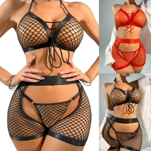 3 Piece Sexy Women's Fishnet Lingerie Lace Bra G-string Set Nightwear Babydoll - Picture 1 of 38