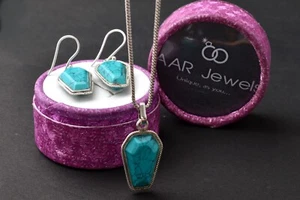 Turchese 925 Argento Sterling Gemma Mano Ciondolo Collana Orecchini Regalo - Foto 1 di 8
