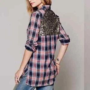 Free people little bit of sugar sequin plaid flannel button down shirt size XS - Picture 1 of 11
