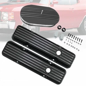 Finned Short Black Valve Covers & 15" Air Filter Fit Chevy SBC 283 350 1958-1986 - Bild 1 von 7