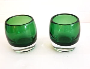 Set of 2 Hand Blown Glass Candle Holders Emerald Green to Clear 3 inch - Picture 1 of 7