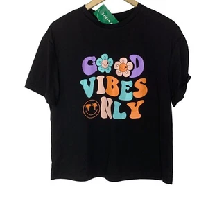 Good Vibes Only Shein Womens Black Crew Neck Short Sleeve Pullover T-Shirt Sz S - Picture 1 of 12