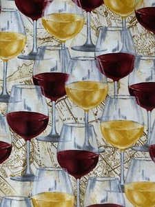 CLASSIC WINE GLASS GLASSES GOLD BURGANDY CREAM COTTON FABRIC FQ - Picture 1 of 6