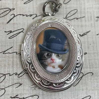 Gafas de plata Steampunk gato gatito medallón collar colgante boda sombrero de copa Foto 1 de 4