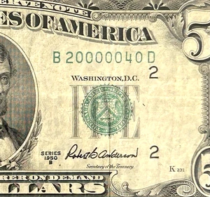 Fancy Low Serial #20000040 - 1950B $5 Bill Federal Reserve Note - Picture 1 of 3
