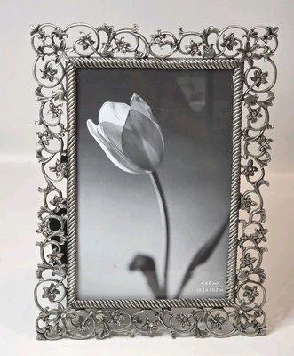 Filigree Metal Photo Frame Flowers Rhinestones Scrolls Silver Tone Fits 4x6" - Image 1 of 4