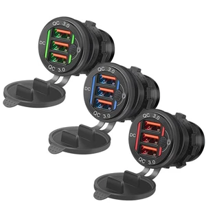 3 Ports QC3.0 USB Car Fast Charger Adapter LED Socket Power Outlet Boat Marine - Picture 1 of 15