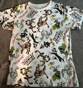 Looney Tunes White All Over Print Crew Neck - Size L “That’s All Folks” Tshirt - Picture 1 of 5