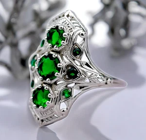 VINTAGE STYLE 925 SOLID STERLING SILVER SIMULATED EMERALD FILIGREE RING 1760 - Picture 1 of 4