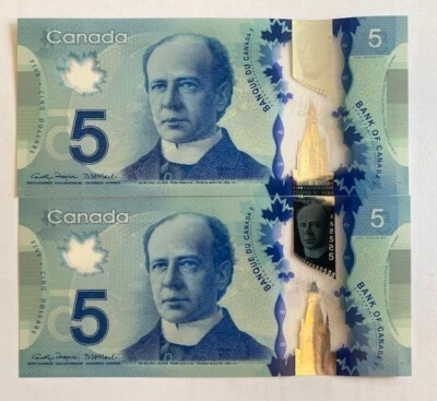Canada $5 2013 ( 2024) Polymer Banknote UNC. Consecutive Serial Numbers (2) - Image 1 of 3