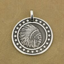 LINSION 999 Pure Silver Indian Chief Skull Stars Round Pendant 9X303A JP