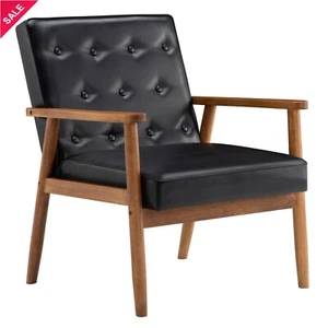New Mid Century Modern PU Leather Chair Wooden Single Chair with Wood Arms Black - Picture 1 of 8
