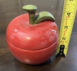 Red Ceramic Apple Shaped Candle w Green Stem Leaf w Lid Candle Inside - Picture 1 of 5