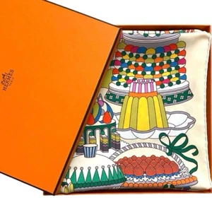 HERMES Carre 90 Silk Scarf La Patisserie Francaise Ivory Rare Excellent with Box - Picture 1 of 10