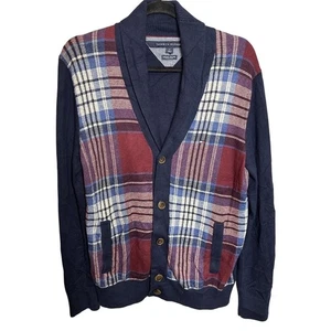 Tommy Hilfiger Vintage Luxury Blend Cardigan Sweater Navy Plaid Mens Medium Wool - Picture 1 of 5