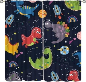 Kids Dinosaur Curtains, Cartoon Dino Outer Space Window Treatments for Boys G... - Picture 1 of 7
