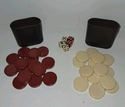 Piezas de repuesto de backgammon - 2 tazas de dados - 14 fichas marrones/15 crema 1,25 pulgadas - Dados Foto 1 de 4