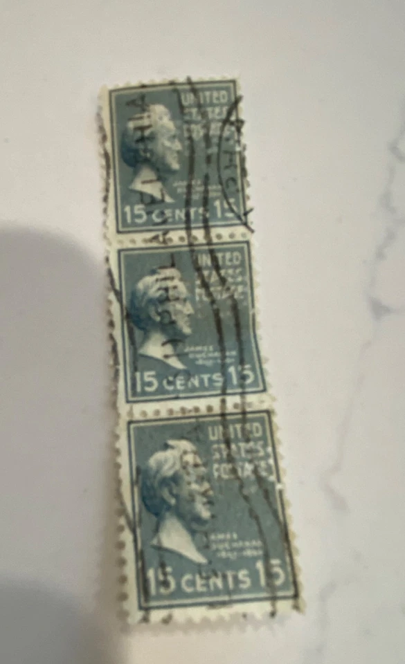 (3) 1938 US Stamp Plate Block #820 15-Cent Blue James Buchanan USED - Image 1 of 1