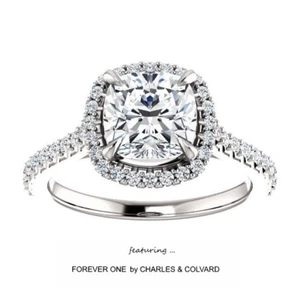 2.20 Carat Cushion Moissanite (ForeverOne DEF) Halo Style Ring in 14K Gold - Picture 1 of 4