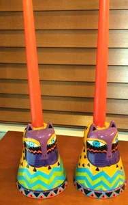 Laurel Burch Signed Retired Ceramic Cat Candle Holders Folk Art Festive set of 2 - Picture 1 of 9
