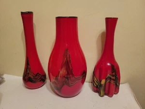 Hand Blown Art Glass 14in- Vases, Red w/Multi-Colored Swirls, Mid-Century Modern - Picture 1 of 7