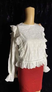 Ruffle eyelet blouse long sleeve white color size M #435 - Picture 1 of 12