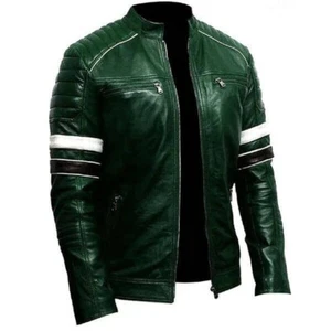 New Men's Green Real Sheepskin Leather Cafe Racer Motorbiker Leather Jacket - Picture 1 of 3