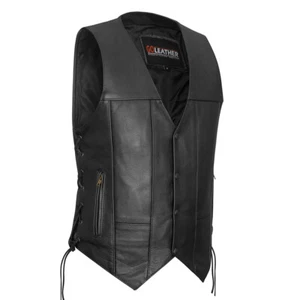 MEN'S TRADITIONAL BIKER VEST V-NECK STYLE LEATHER VEST GO403 - Picture 1 of 7