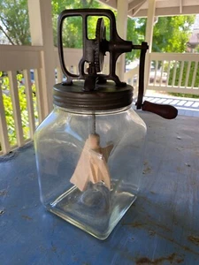 Antique Hand Crank Butter Churn Glass Jar 4 Quart Large Vintage Wood Paddle - Picture 1 of 8