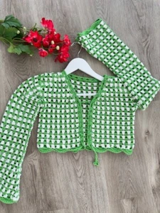 Women’s Two-Tone Tie Front Bell Sleeve Crochet Cardigan Crop Top, Green/White, M - Picture 1 of 11