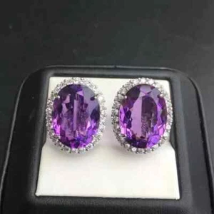 6.00 Ct Oval Cut Lab-Created Amethyst Halo Stud Earrings 14K White Gold Plated - Picture 1 of 7