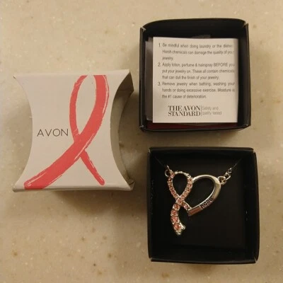 Avon 2016 Breast Cancer Crusade Heart Ribbon Necklace Silver Toned Brand New! - Image 1 of 4