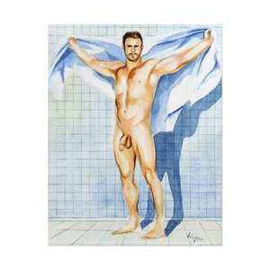 IMPRESIÓN de Obra de Arte Original Pintura Acuarela Gay Hombre Desnudo "Después de la sauna" - Imagen 1 de 13