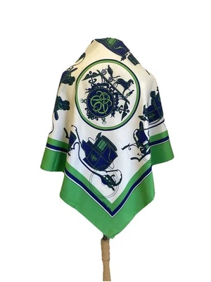 Y7# Hermès Paris Silk Scarf Green & Navy Carriage Print Luxury Equestrian Design - Image 1 of 4