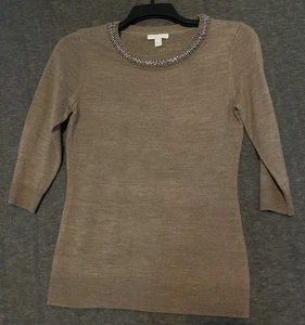 New York & Company Sweater Womens Small Taupe Embellished Beaded Collar Pullover - Picture 1 of 10