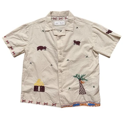 Camisa Zara Niños Talla 6 Manga Corta Botón Cuello Campamento Bordada Beige Foto 1 de 4